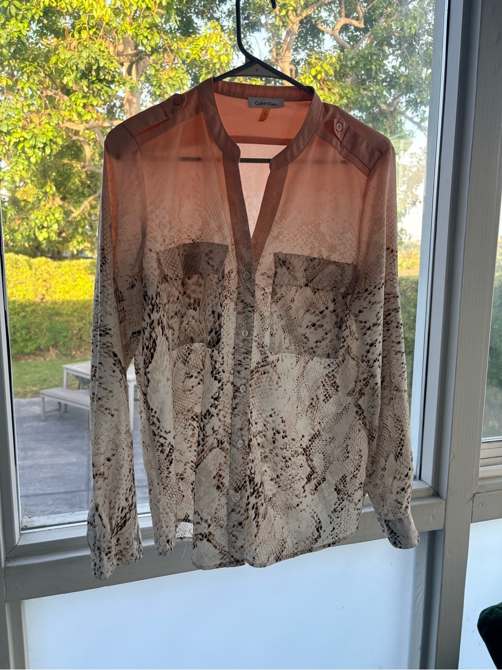 Calvin Klein Women’s Snake-Print Button-Down Shirt in Beige and Brown